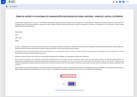 Tela do Termo de Adesão do DJE